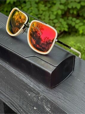 Men's Dita  Square Sunglasses with Red Mirrored Lenses and Cream Frame